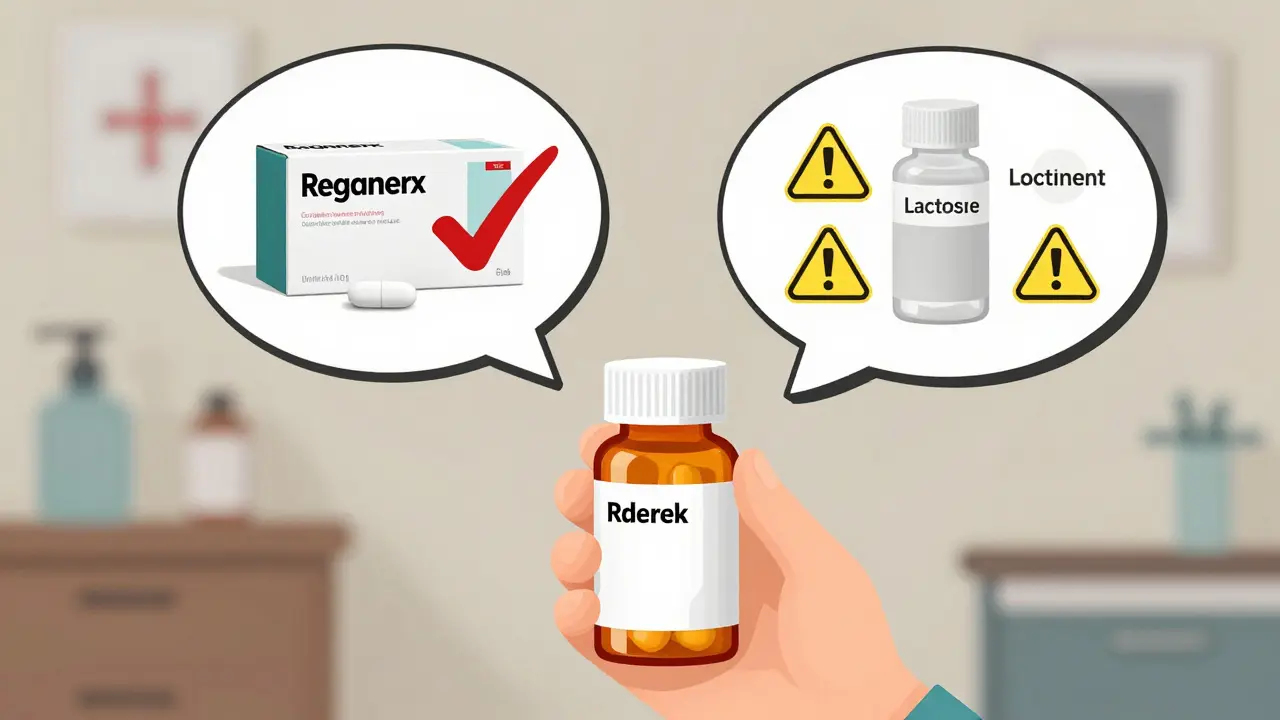 Patient holding a generic pill with a thought bubble comparing it to the brand and a regular generic with allergy warnings.