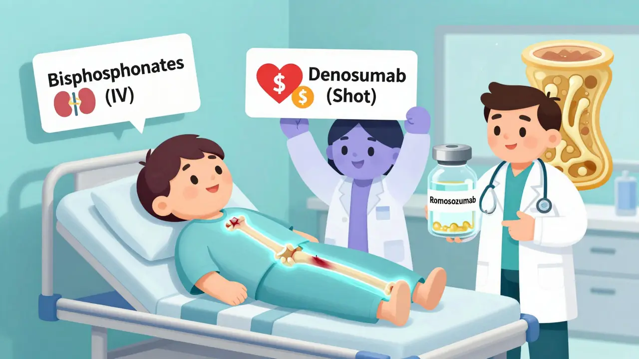 Patient with bone scan showing treatment options: IV drugs, shots, and new healing therapy