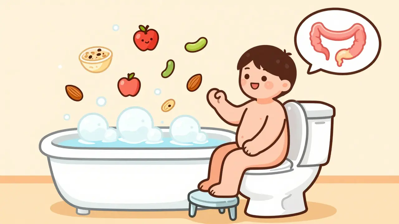 Person using footstool and eating healthy foods while soaking in a sitz bath, cartoon style.