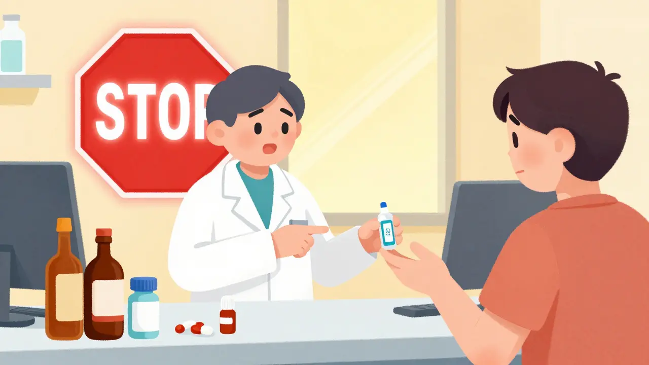 Pharmacist giving naloxone kit to patient while red warning signs hover over mixed medications.