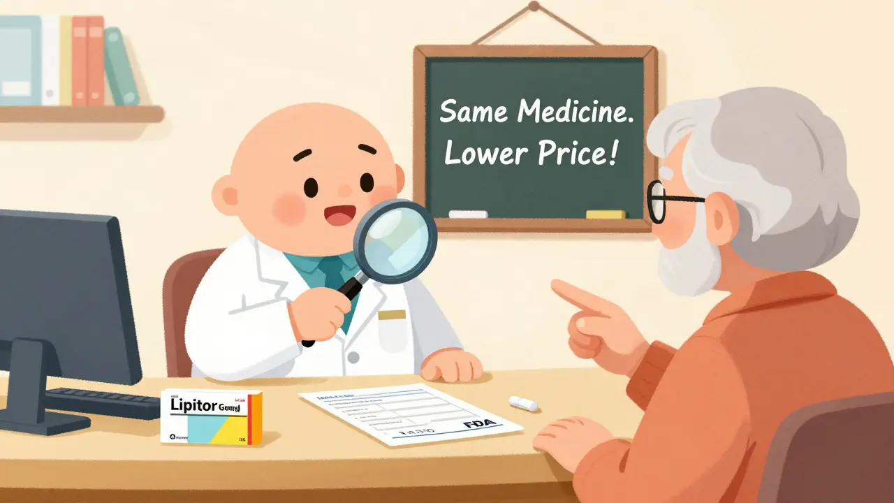 Pharmacist using a magnifying glass to explain an authorized generic to an elderly patient, with FDA list visible on counter.