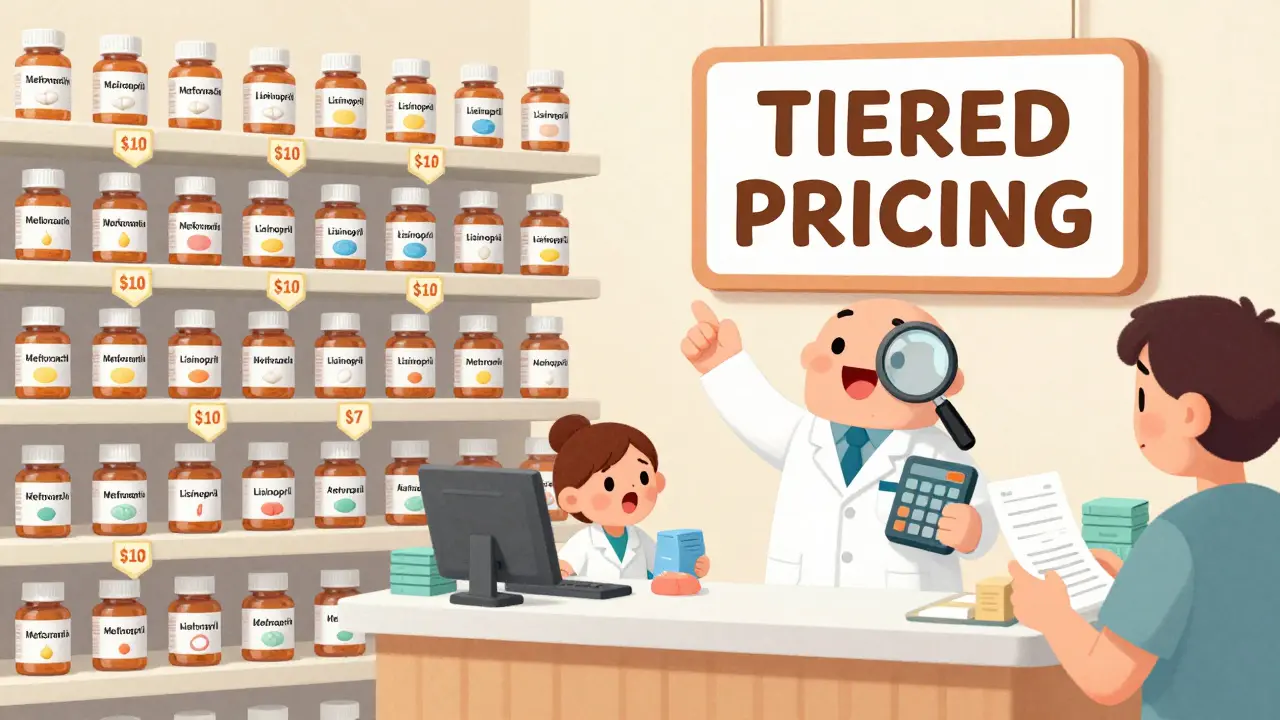 Pharmacy shelf with dropping pill prices and a wholesaler pointing at tiered pricing system.