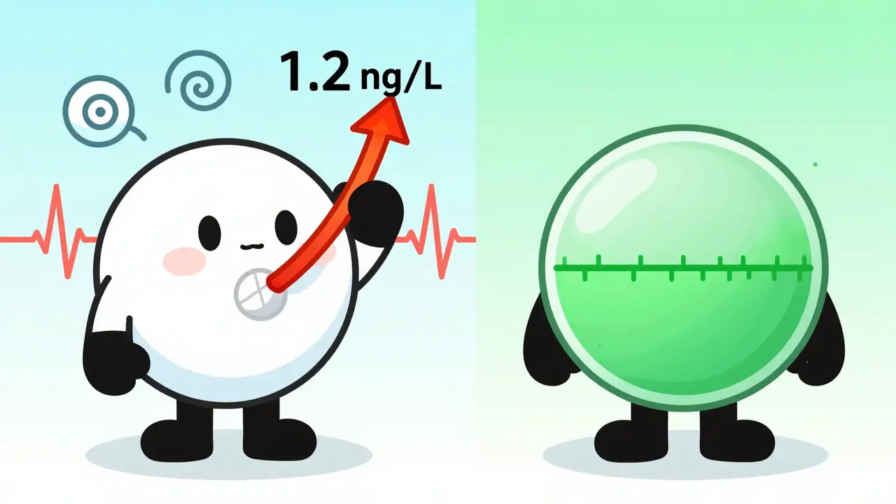 Split illustration showing dangerous drug levels on one side and safe levels on the other, with visual blood concentration spikes.