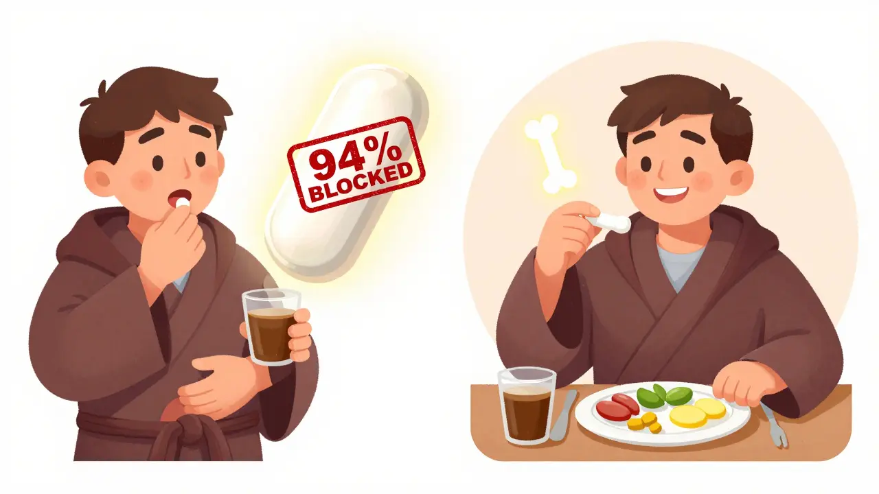 Split image: man taking bisphosphonate with coffee (blocked) vs. taking calcium at dinner (effective).