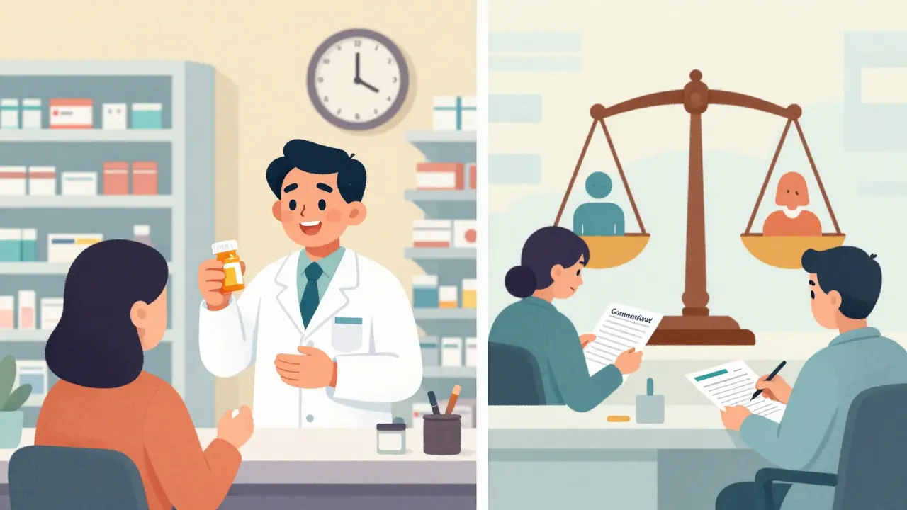 Split scene: fast generic dispensing in Virginia vs careful process in Connecticut.