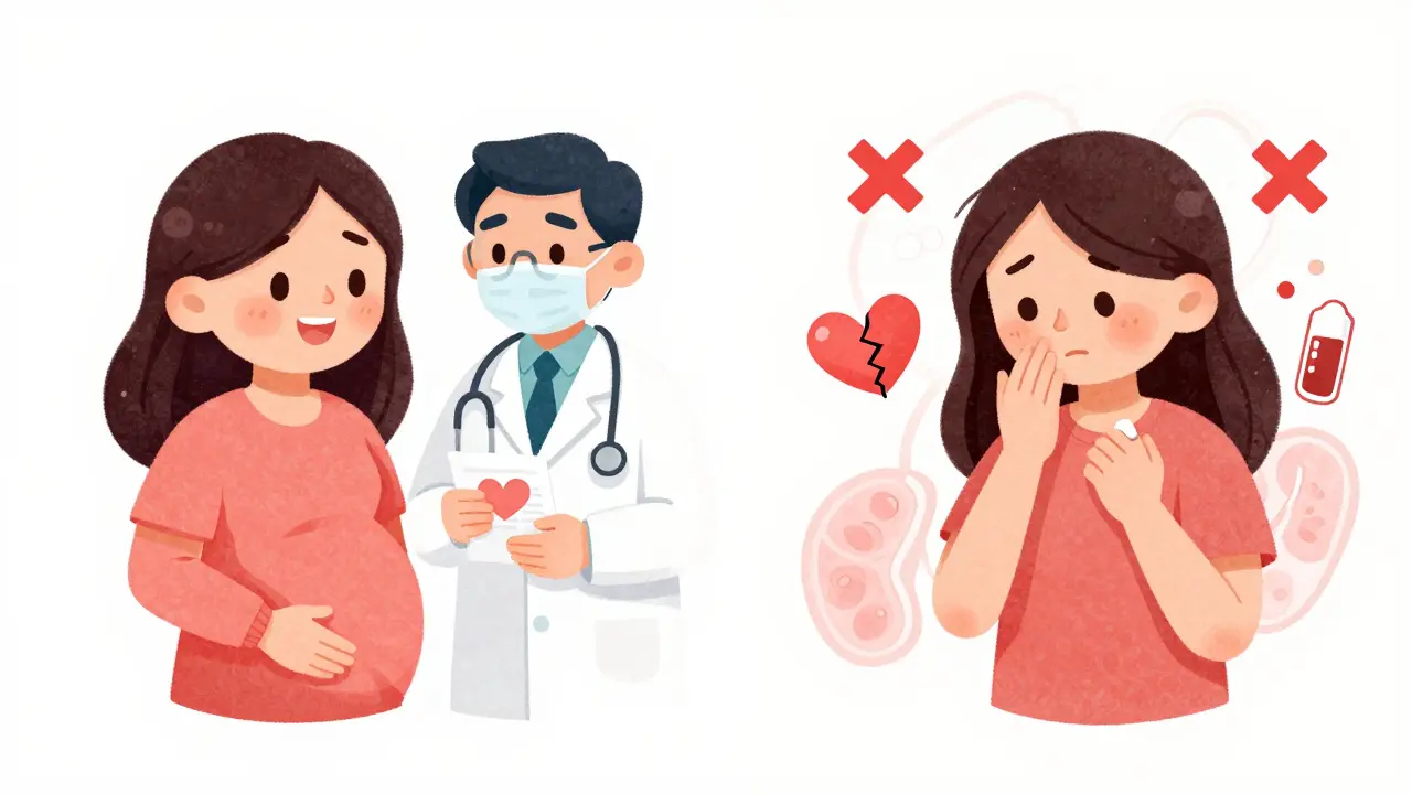 Split scene: one pregnant woman safely taking sertraline with a doctor, another stopping paroxetine as a heart cracks.