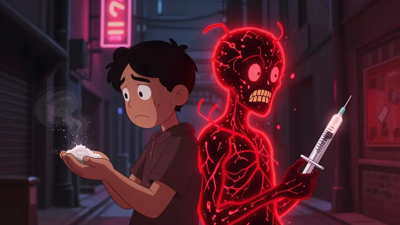 Two figures with a monstrous hybrid creature emerging from cocaine and heroin, representing cocaethylene toxicity.