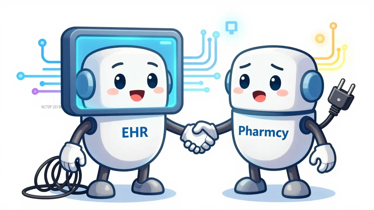 Two health systems try to connect, one with a tangled wire, the other with a broken plug, robots reaching out.