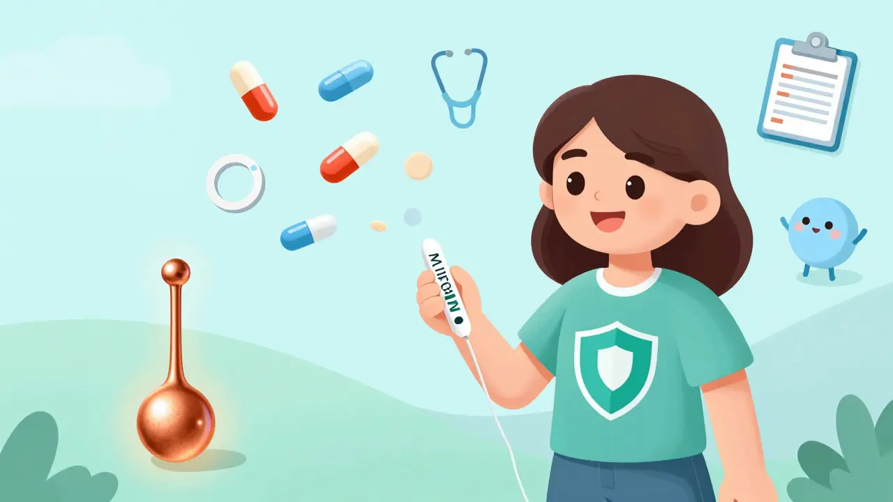 Woman safe with IUD while pills and patches fall away, medical icons watching.