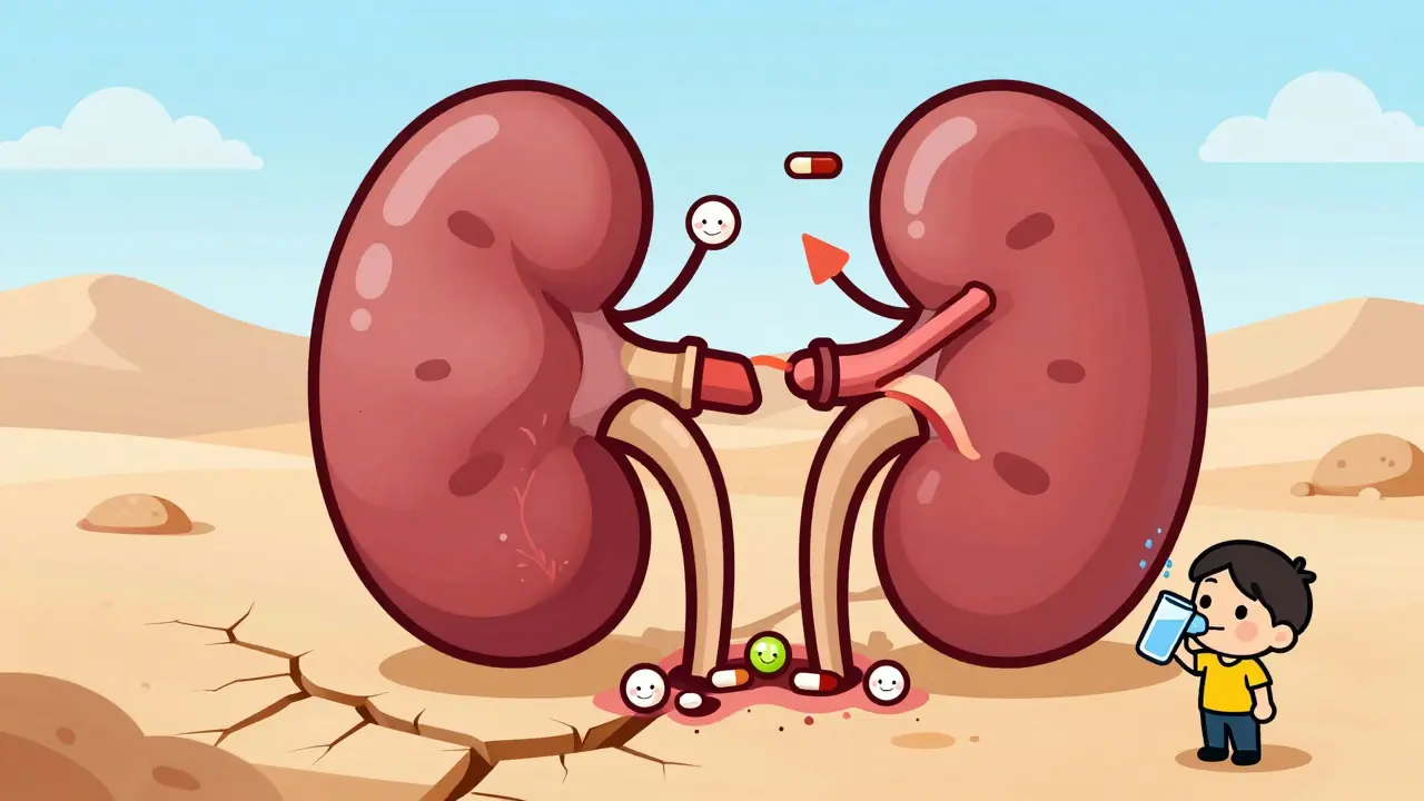 A cartoon kidney with clogged pipes showing how NSAIDs and diuretics cause lithium to build up in the blood.