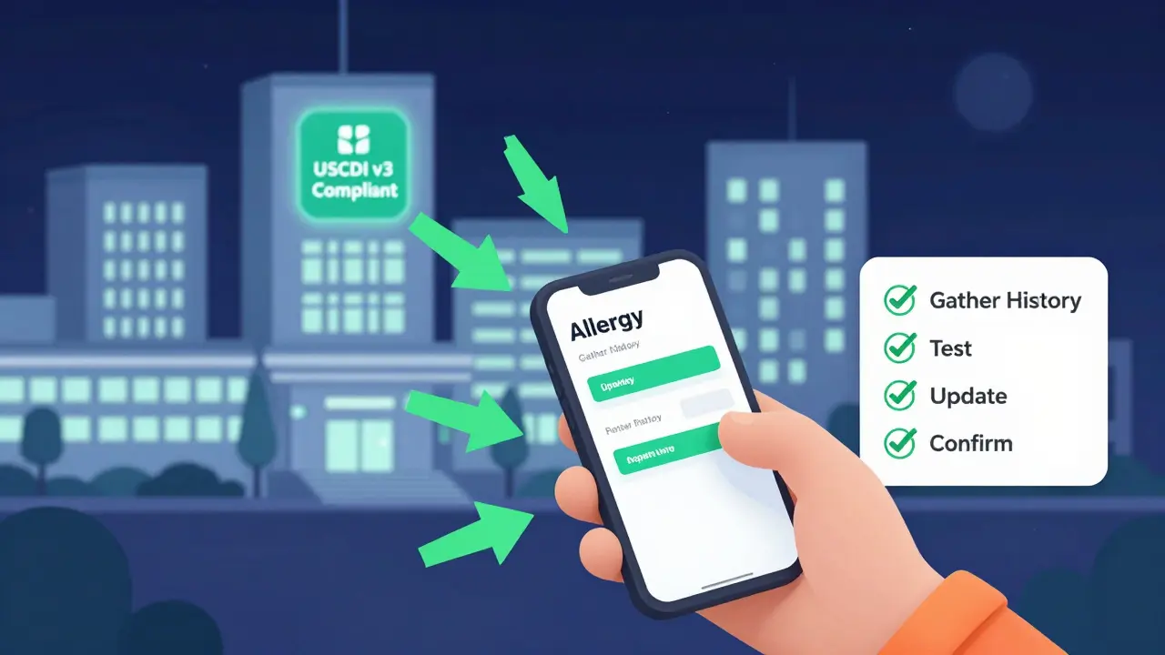 A person updating their allergy information on a smartphone, with data syncing to multiple hospital systems in the background.