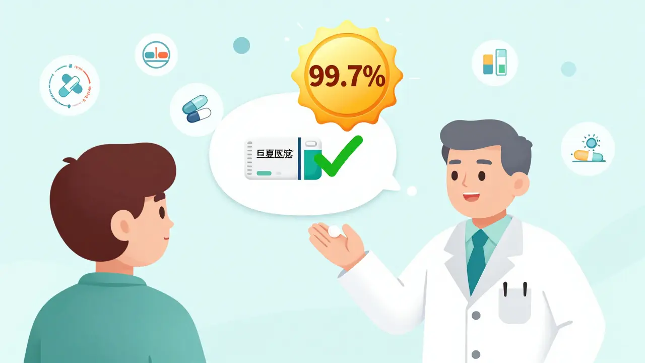 A pharmacist giving a generic pill to a patient, with a thought bubble showing both drugs equally effective and a 99.7% success badge.