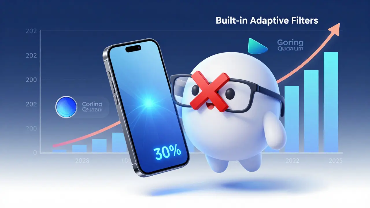 A smartphone with reduced blue light emission beside discarded blue light glasses, symbolizing better built-in tech.