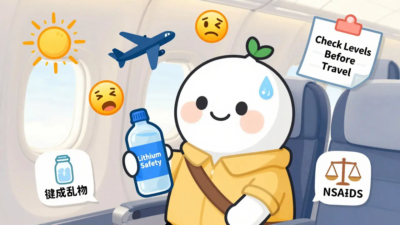 A traveler on a plane with hydration and safety icons, reminding lithium users to stay cautious during travel.