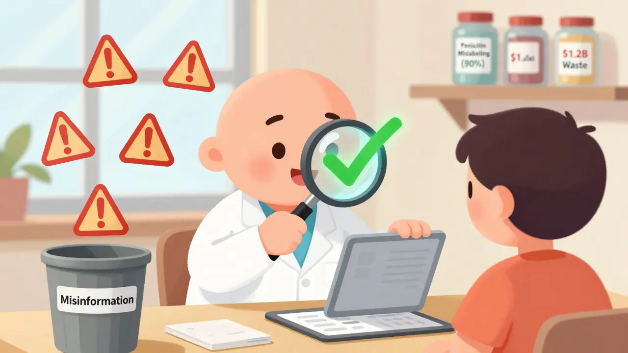 An allergist using a magnifying glass on a skin test result, with outdated allergy warnings disappearing into a trash bin.