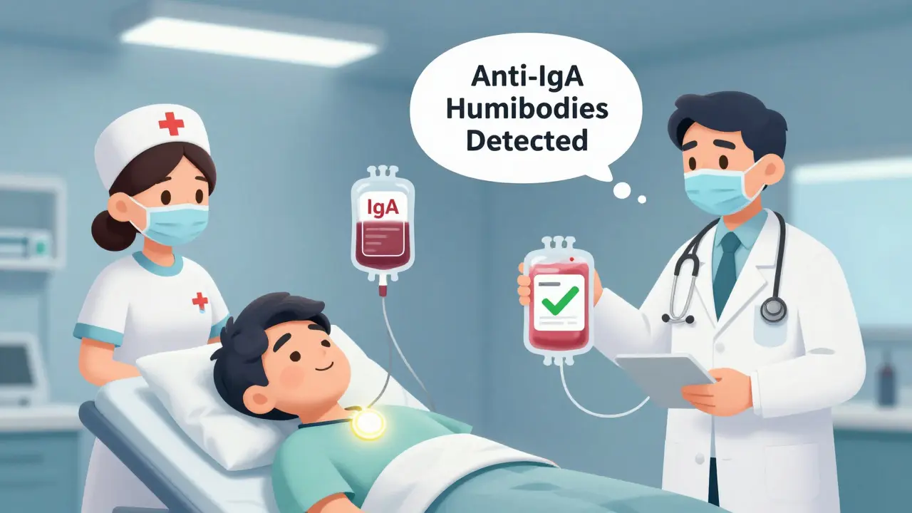 Emergency room scene with nurse holding safe IgA-depleted blood, warning sign visible in doctor's thought bubble.