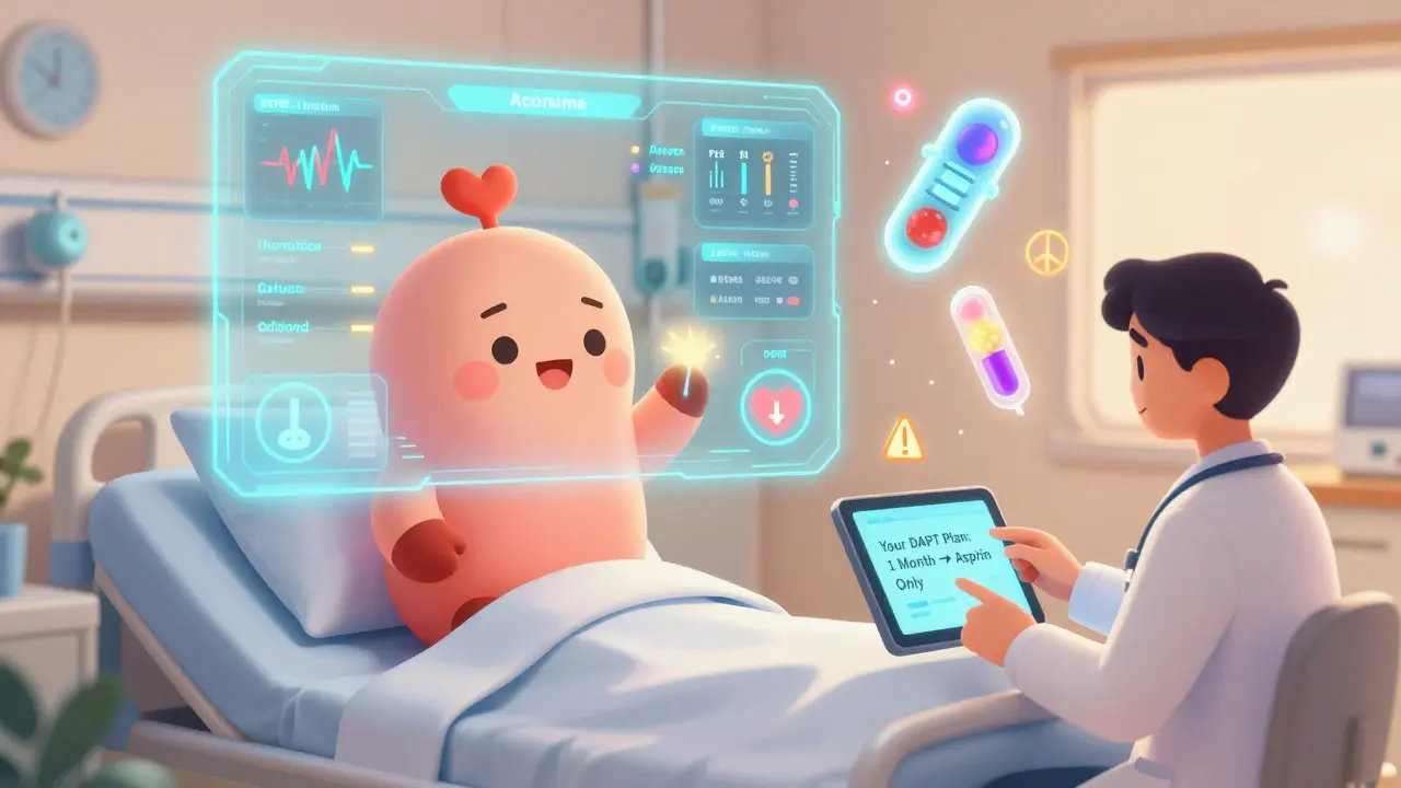 Futuristic AI dashboard analyzing DAPT plan, doctor and patient discussing shortened therapy with reversal drugs nearby