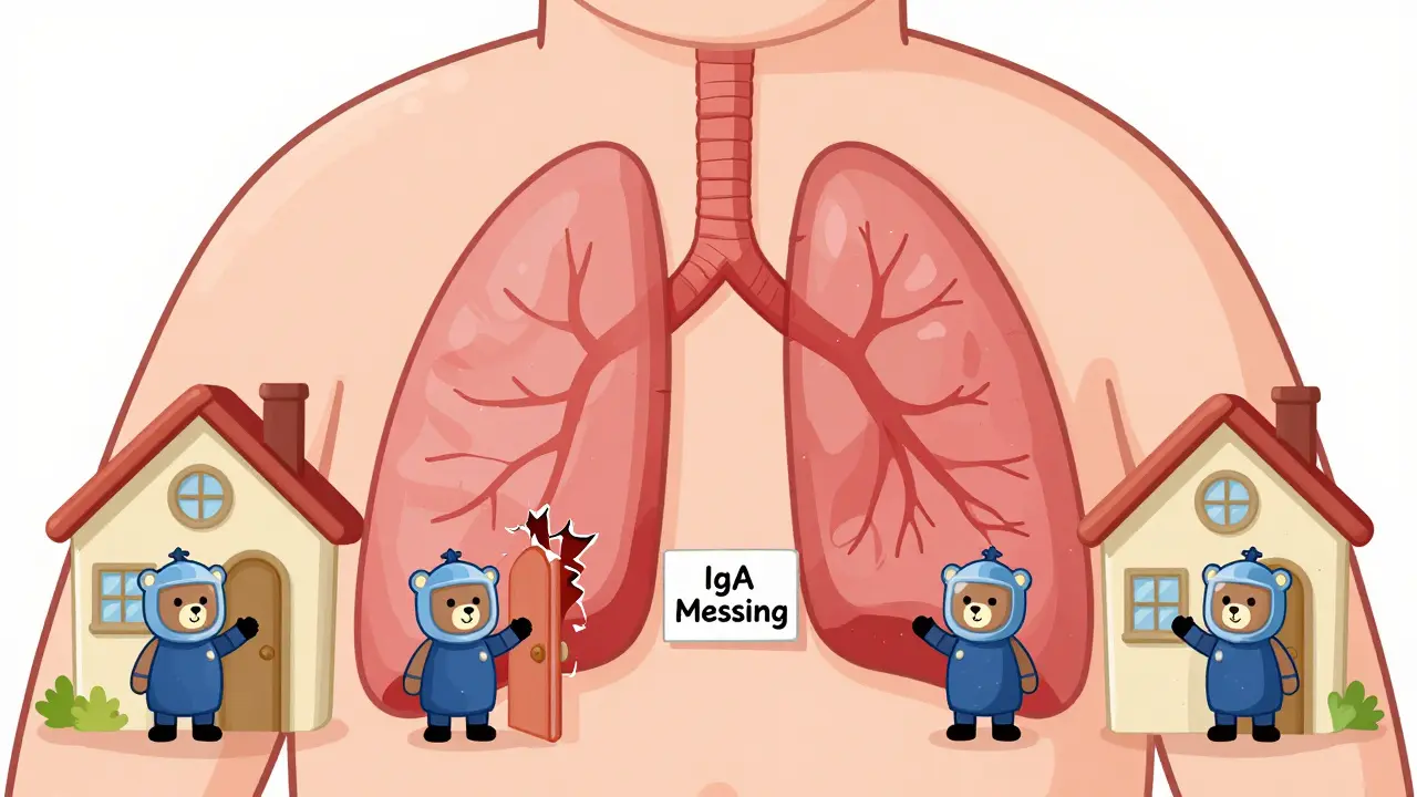 Illustrated human mucosal areas with tiny IgA guards missing, while IgG and IgM guards protect the body.