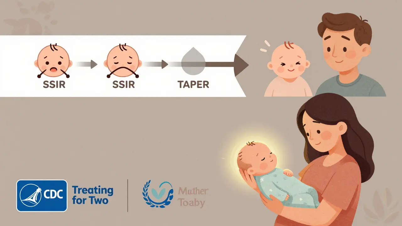 Mother holding newborn, two paths showing gradual vs abrupt medication tapering with calm vs stressed baby icons.