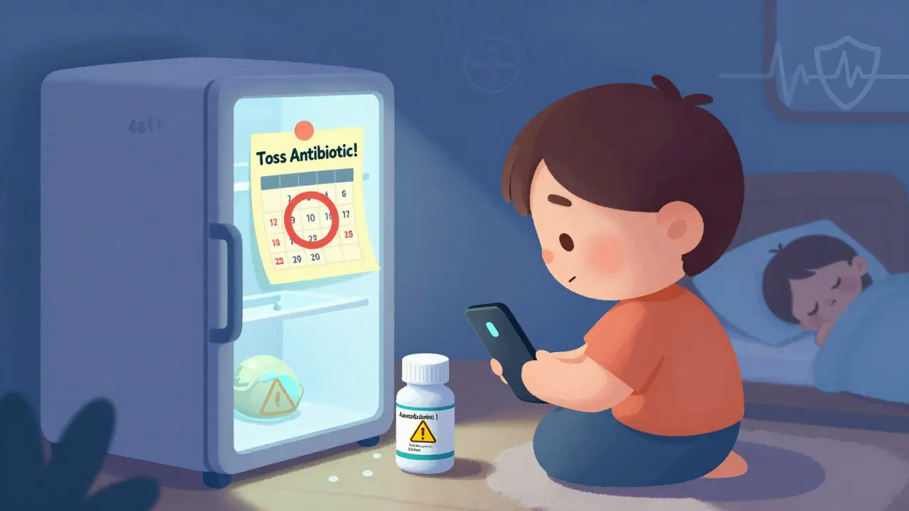 Parent setting phone alarm to discard antibiotic after 10 days with mini-fridge at 40°F