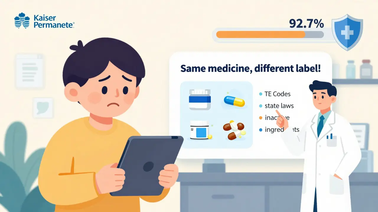 Patient confused by pill switch, with digital popup explaining generic equivalence and pharmacist guiding them