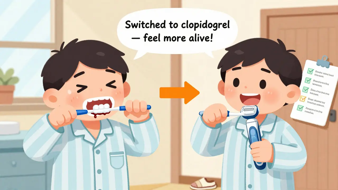 Patient switching from hard toothbrush to soft one and electric razor, with safety tips floating nearby