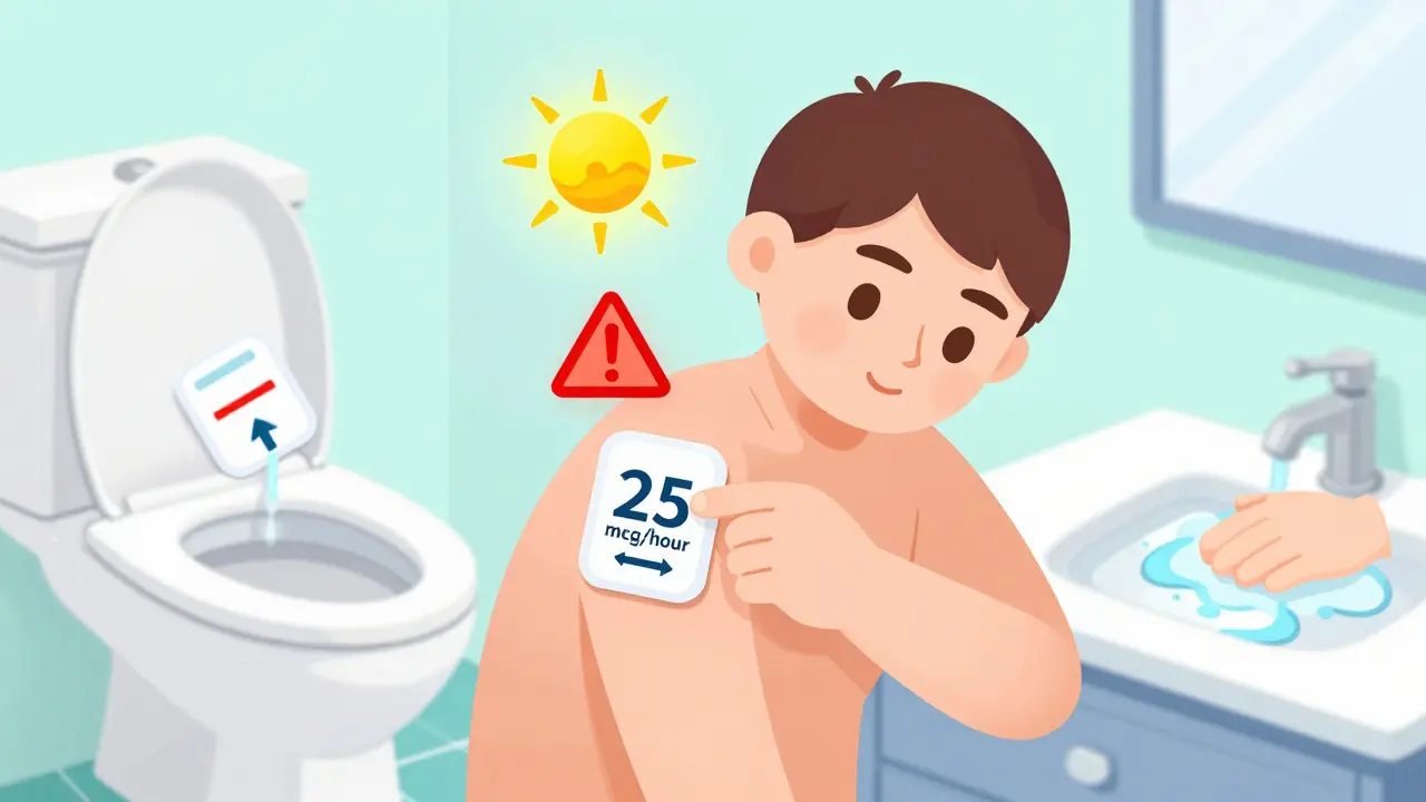 Person applying a patch while heat warning icons appear nearby, with proper disposal shown.