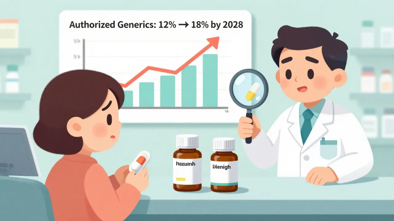 Pharmacist using magnifying glass to show identical pills inside three different labeled bottles at a pharmacy.