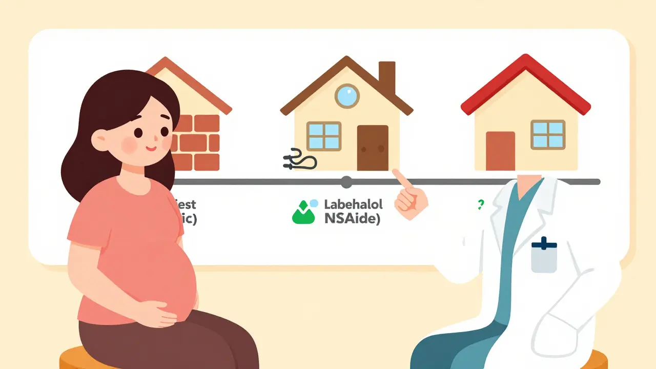 Pregnant woman and doctor reviewing trimester timeline, organ development shown as house construction phases.