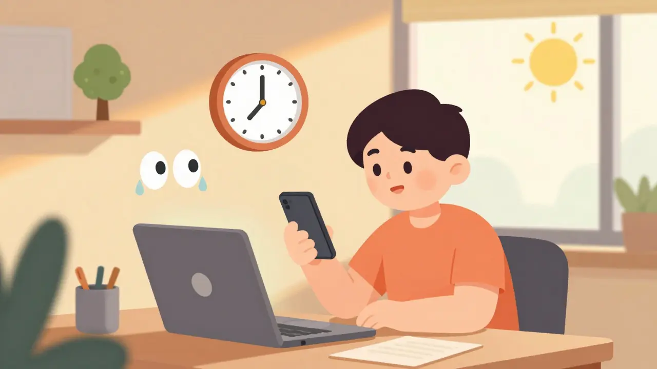 Someone follows the 20-20-20 rule at a desk, with natural light and screen brightness balanced.