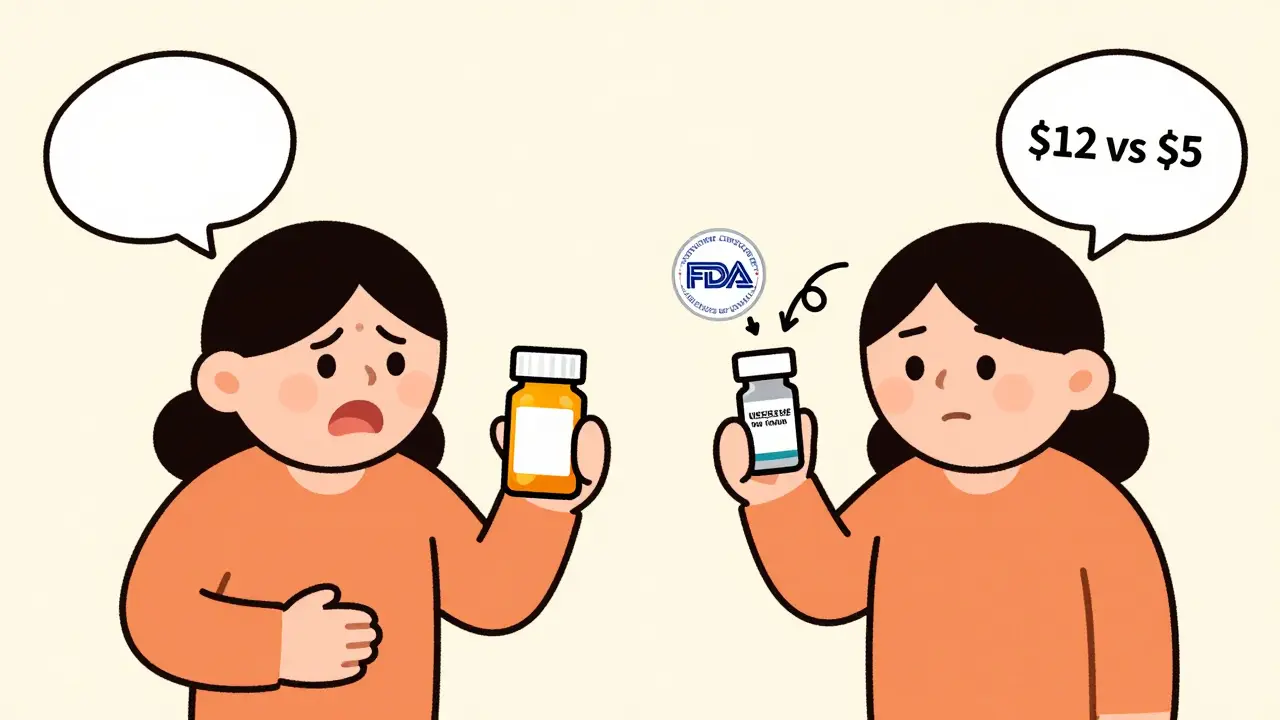 Split illustration: patient feeling side effects from traditional generic vs. feeling fine with authorized generic.