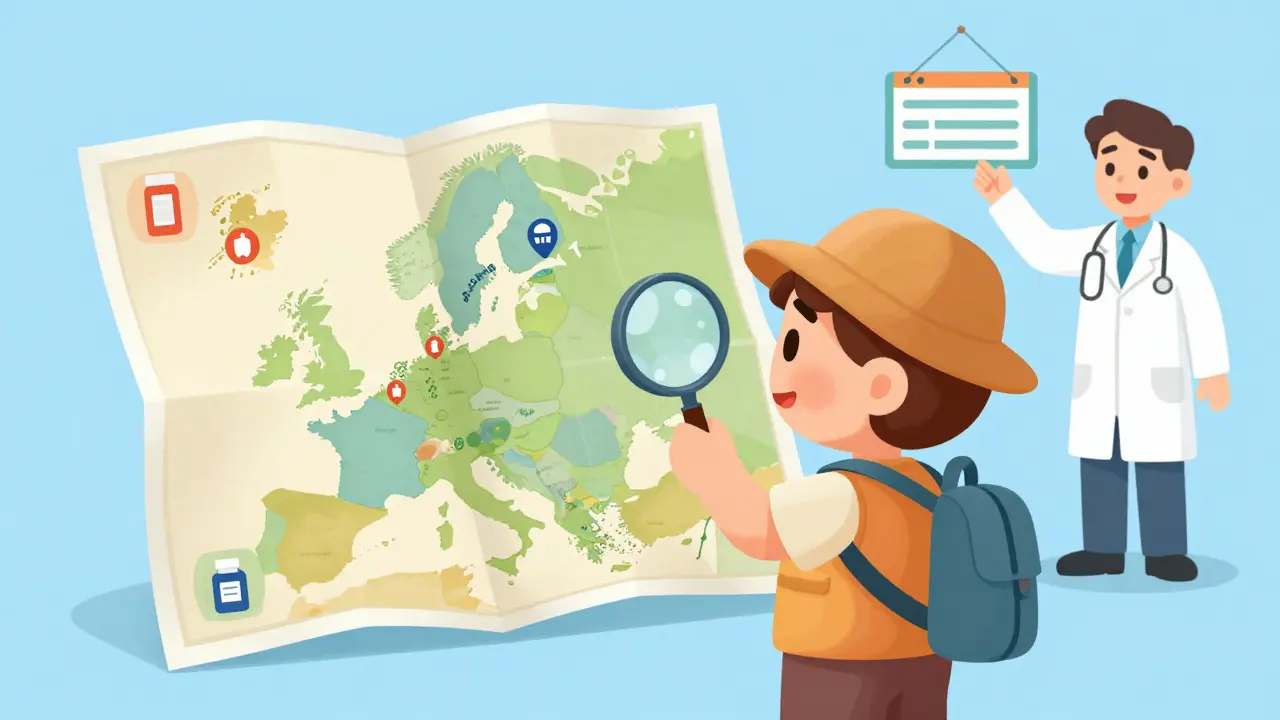 Traveler using map to locate pharmacies in different countries