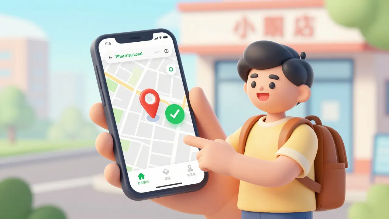 Traveler using smartphone app to find verified pharmacy abroad