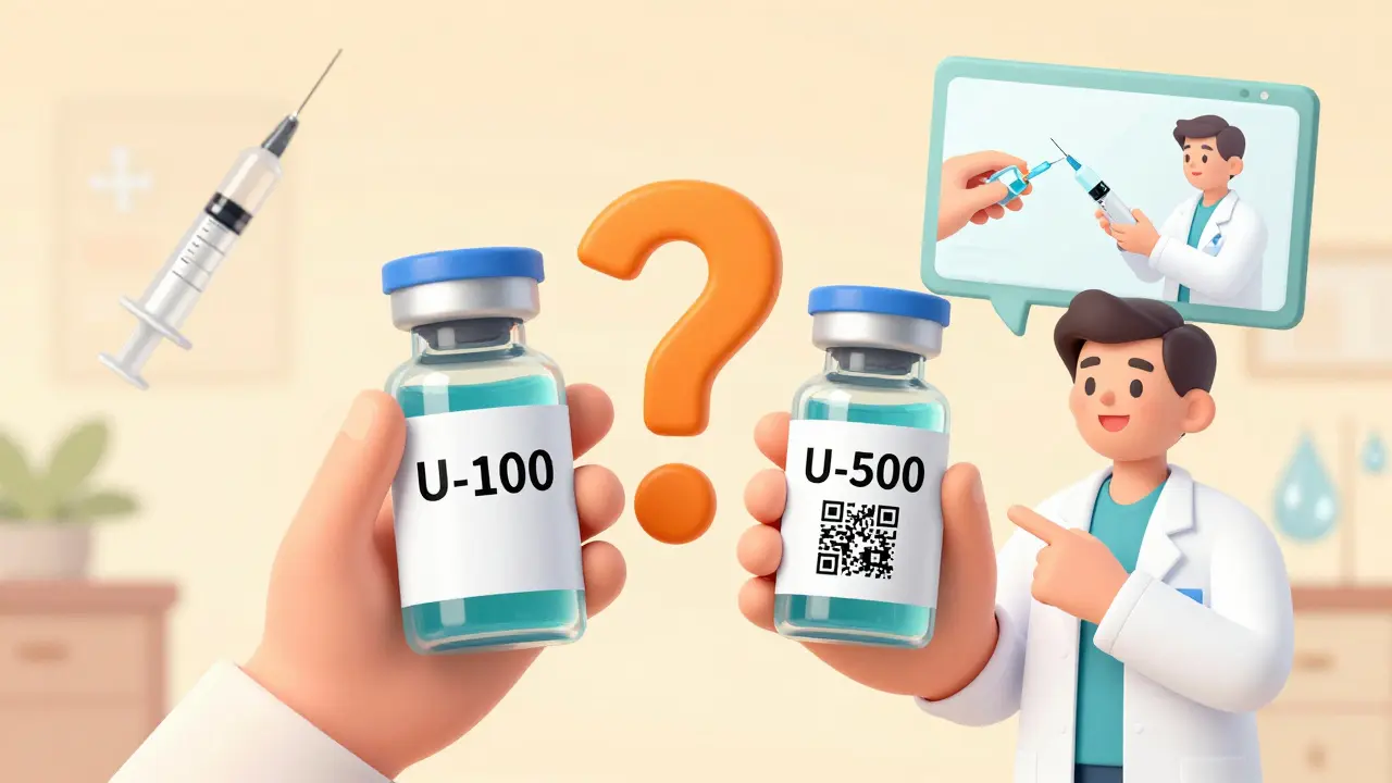 Two insulin vials labeled U-100 and U-500 with a syringe and glowing QR code nearby.