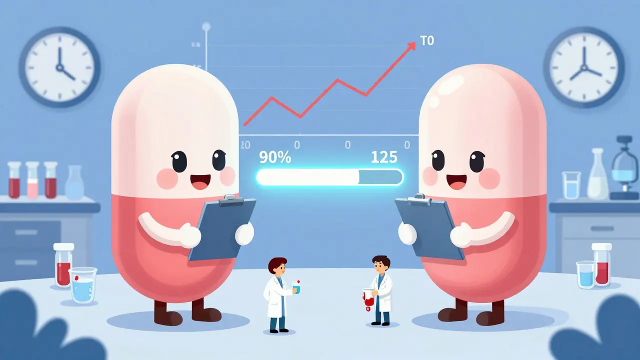 Two pills compared side by side with a glowing 80-125% confidence interval and scientists collecting blood samples.