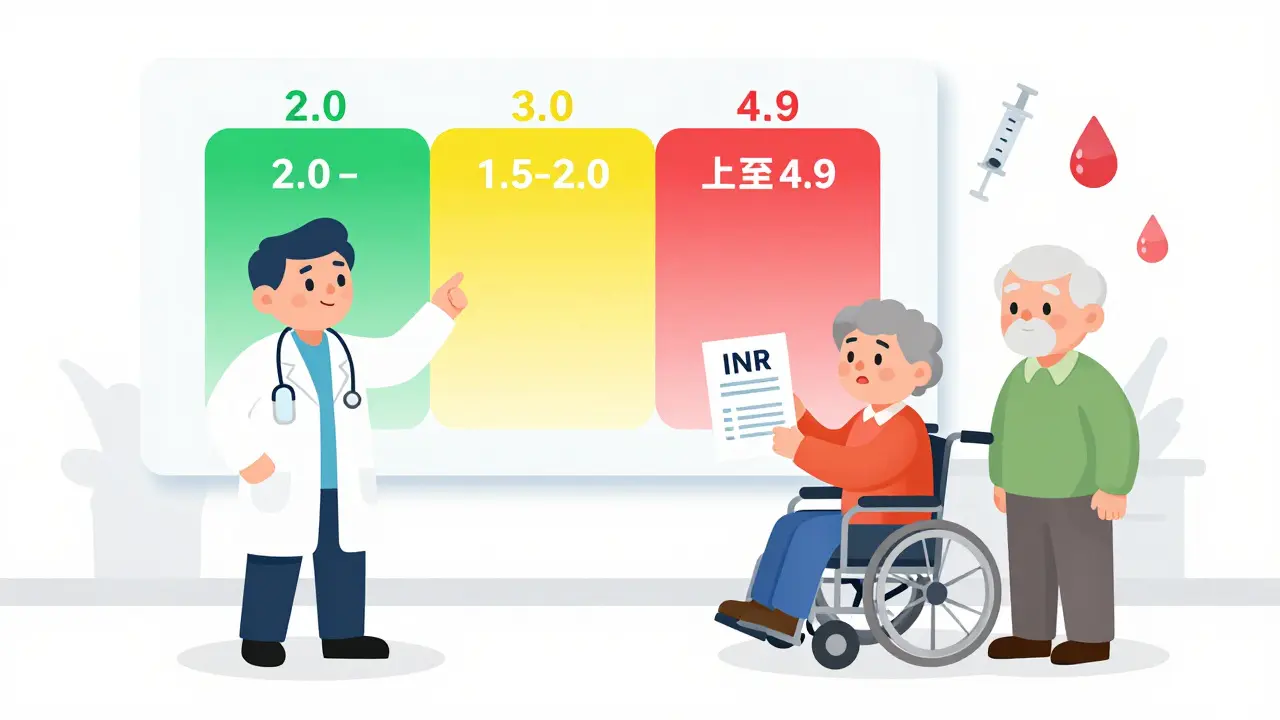 A doctor explains INR target zones on a chart to two patients with different reactions.