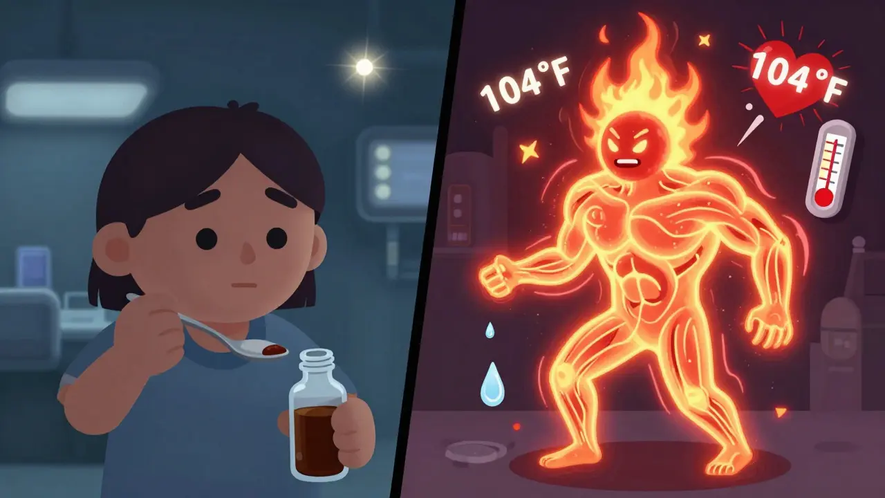 A person experiencing severe serotonin syndrome symptoms with glowing fever, twitching muscles, and a racing heart.