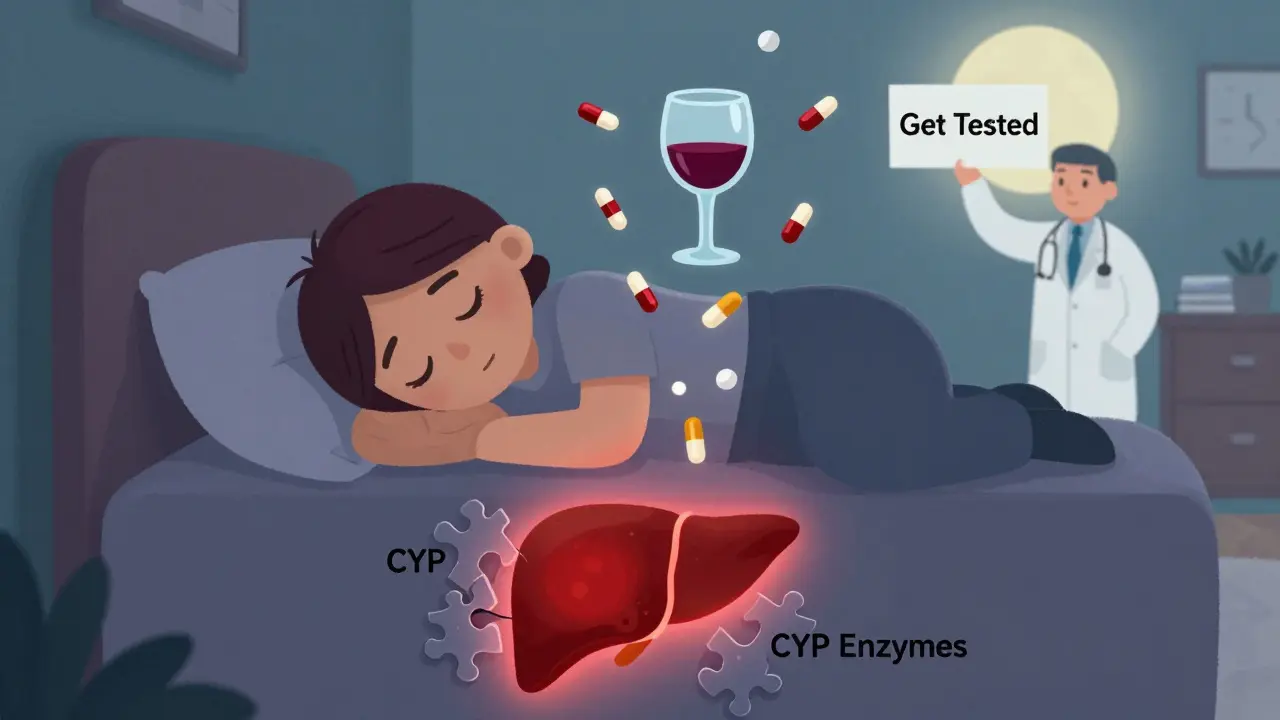 A person overly sedated with floating pills and wine, while a glowing damaged liver shows hidden risk.