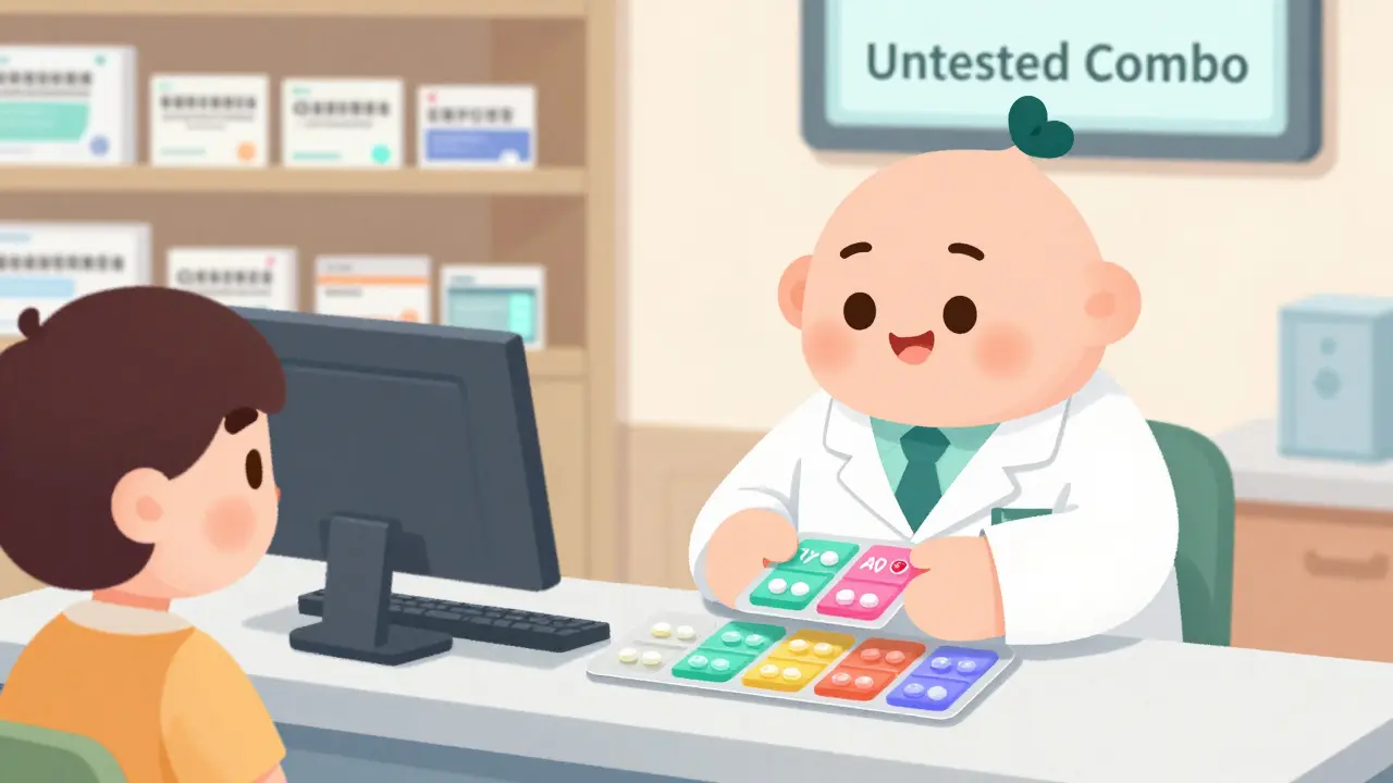 A pharmacist assembles color-coded blister packs for a patient with multiple medications.