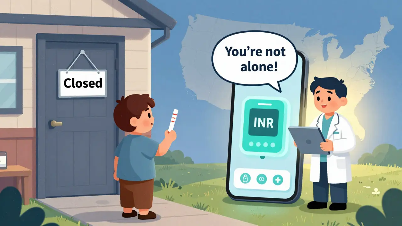 A rural patient faces clinic closure while a smartphone connects INR data to a doctor.