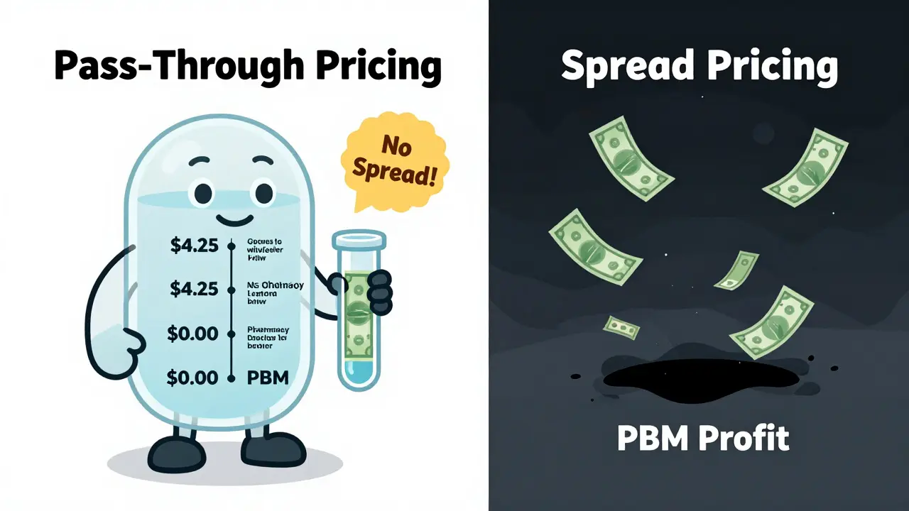 A transparent pricing system showing exact drug costs flowing to pharmacy and wholesaler, with no hidden profits.