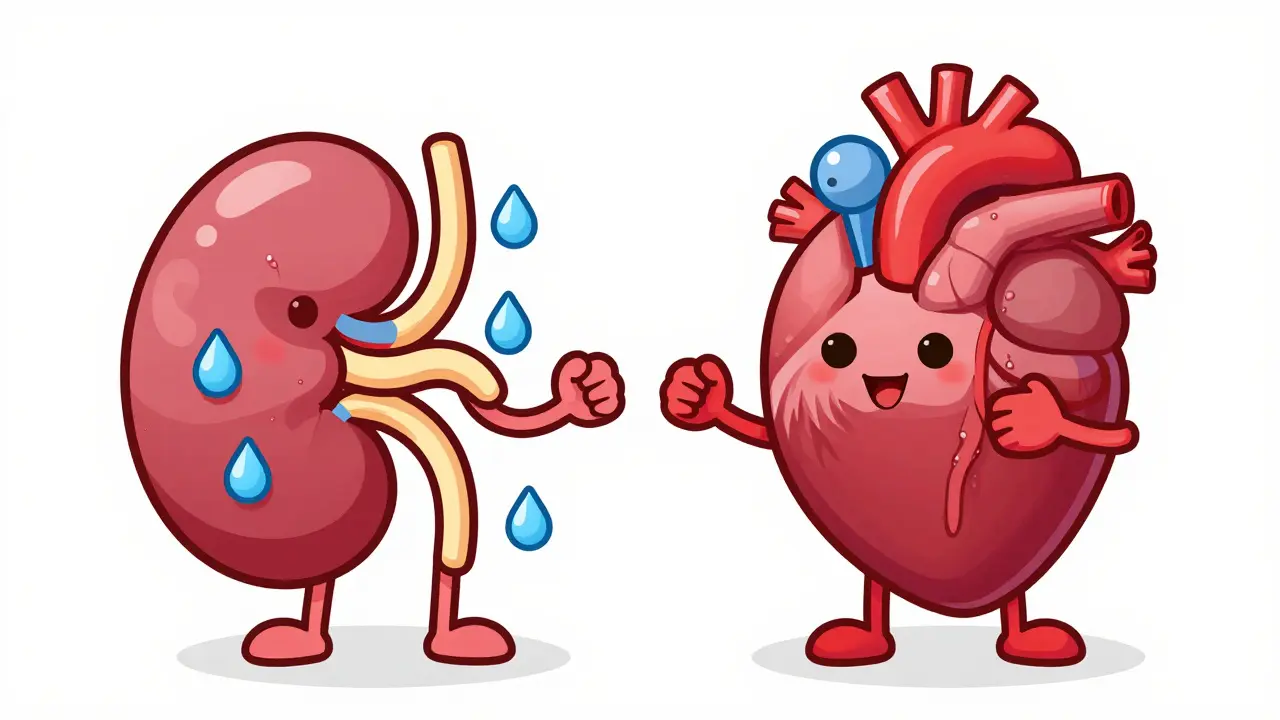 Bubbly kidneys holding water near a strained heart.