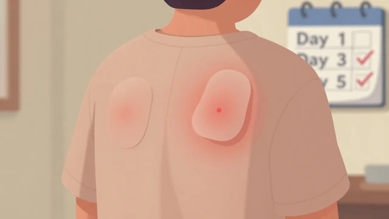 Close-up of a back with a patch showing a red bump underneath, days into the patch test process, wearing loose clothing.