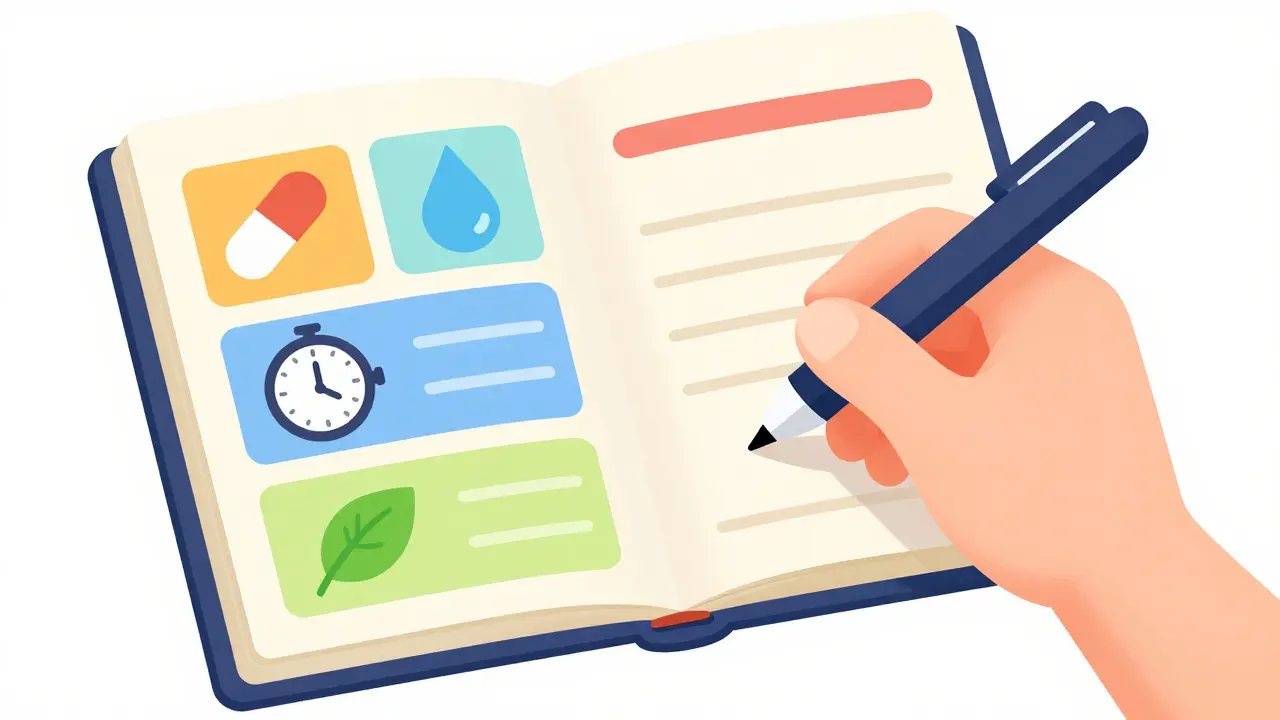 Close up of illustrated log book with data icons.