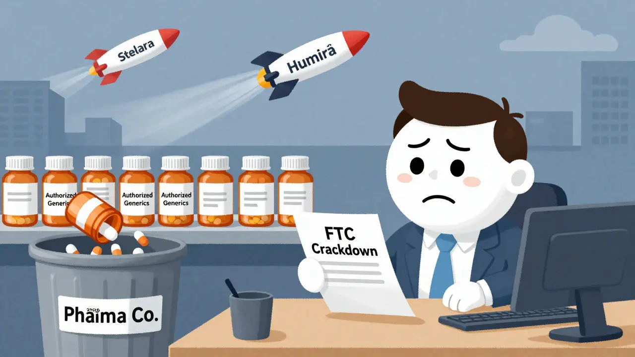 Corporate executive discarding authorized generic pills into a bin while biosimilars fly away in the background.