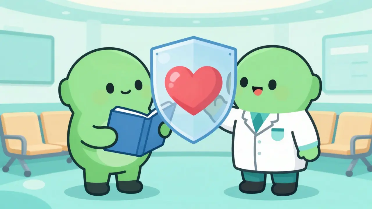 Doctor and patient reviewing logs with protective shield.