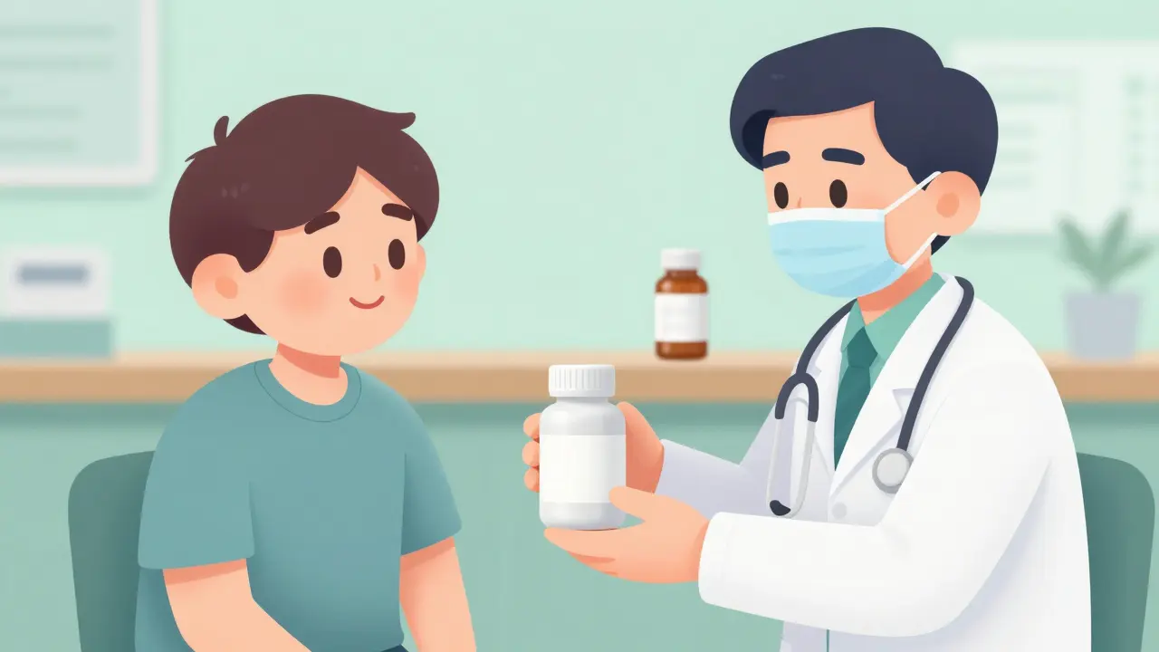 Doctor giving safe medicine to smiling heart failure patient