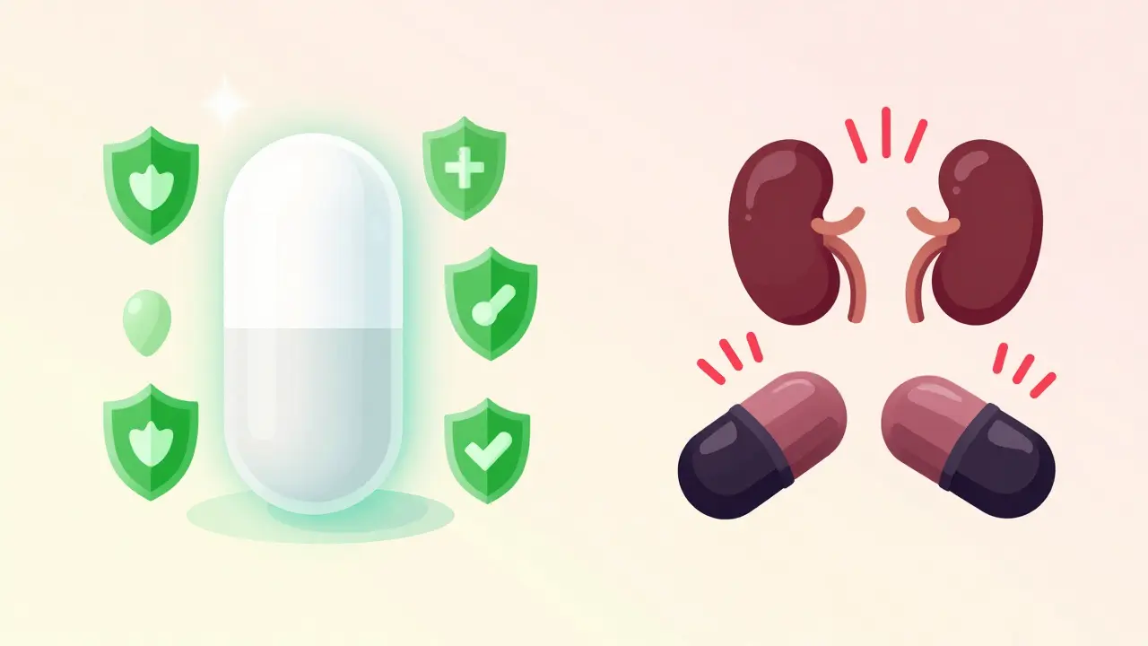 Illustration comparing safe white pill to risky dark ones.