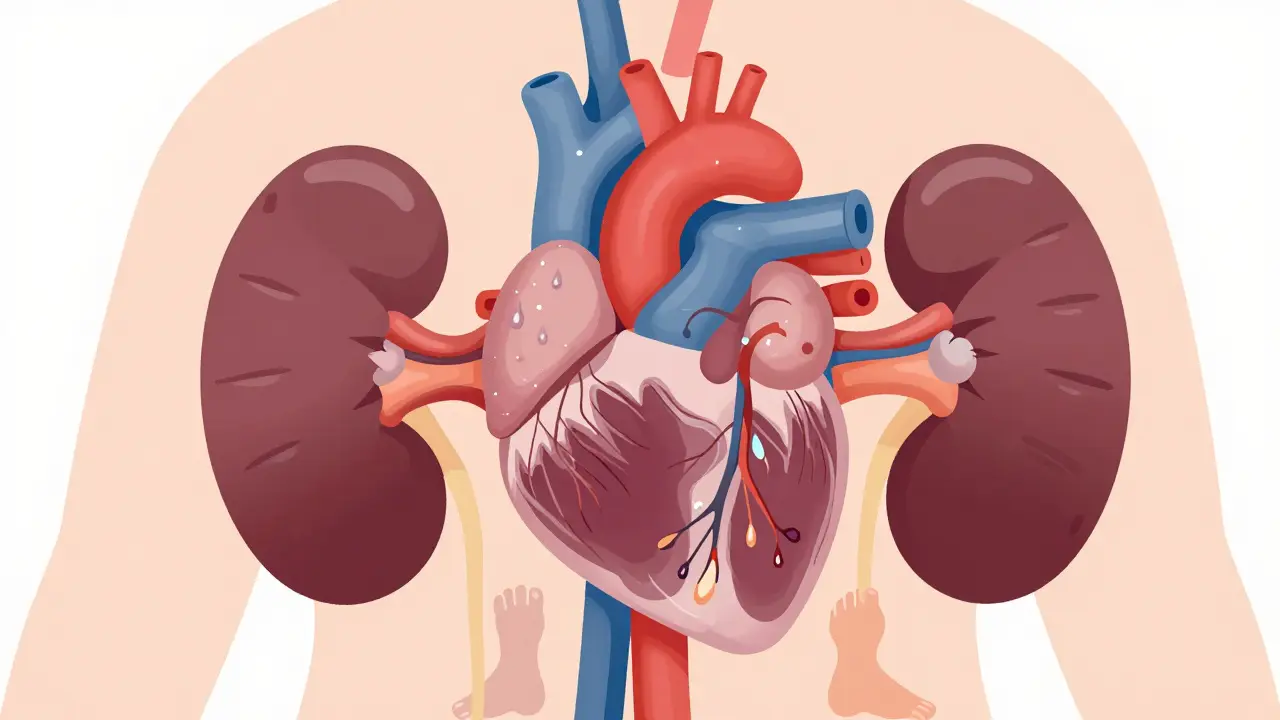 Illustration of kidneys and heart showing fluid buildup effect