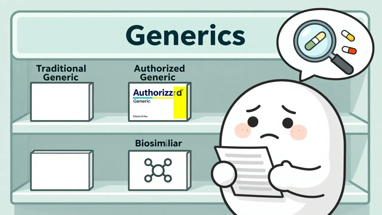 Patient confusedly comparing three types of drug labels on a pharmacy shelf: traditional generic, authorized generic, and biosimilar.